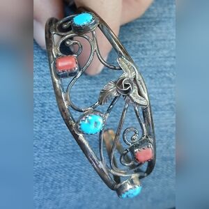 Native American Sterling Silver, Turquoise, & Coral Bracelet